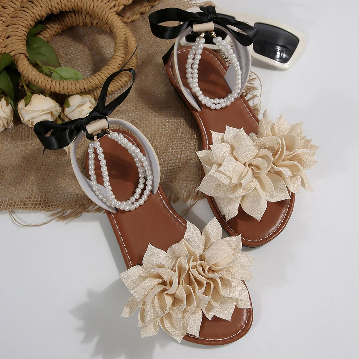 Floral Pearl-Accent Flat Sandals — view 10