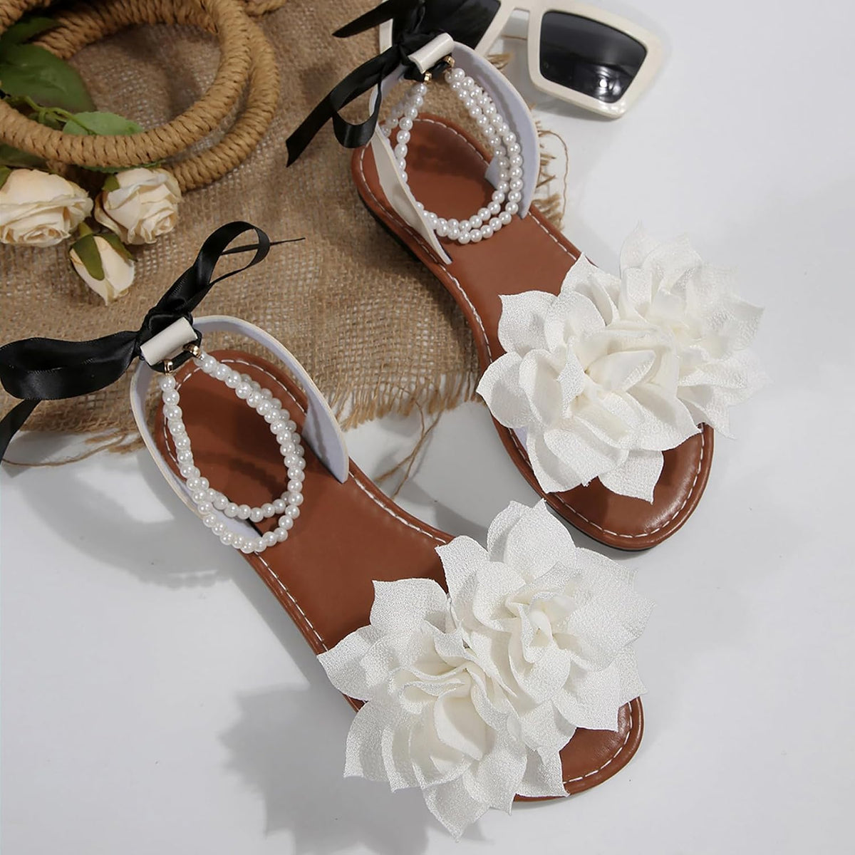 Floral Pearl-Accent Flat Sandals — view 42