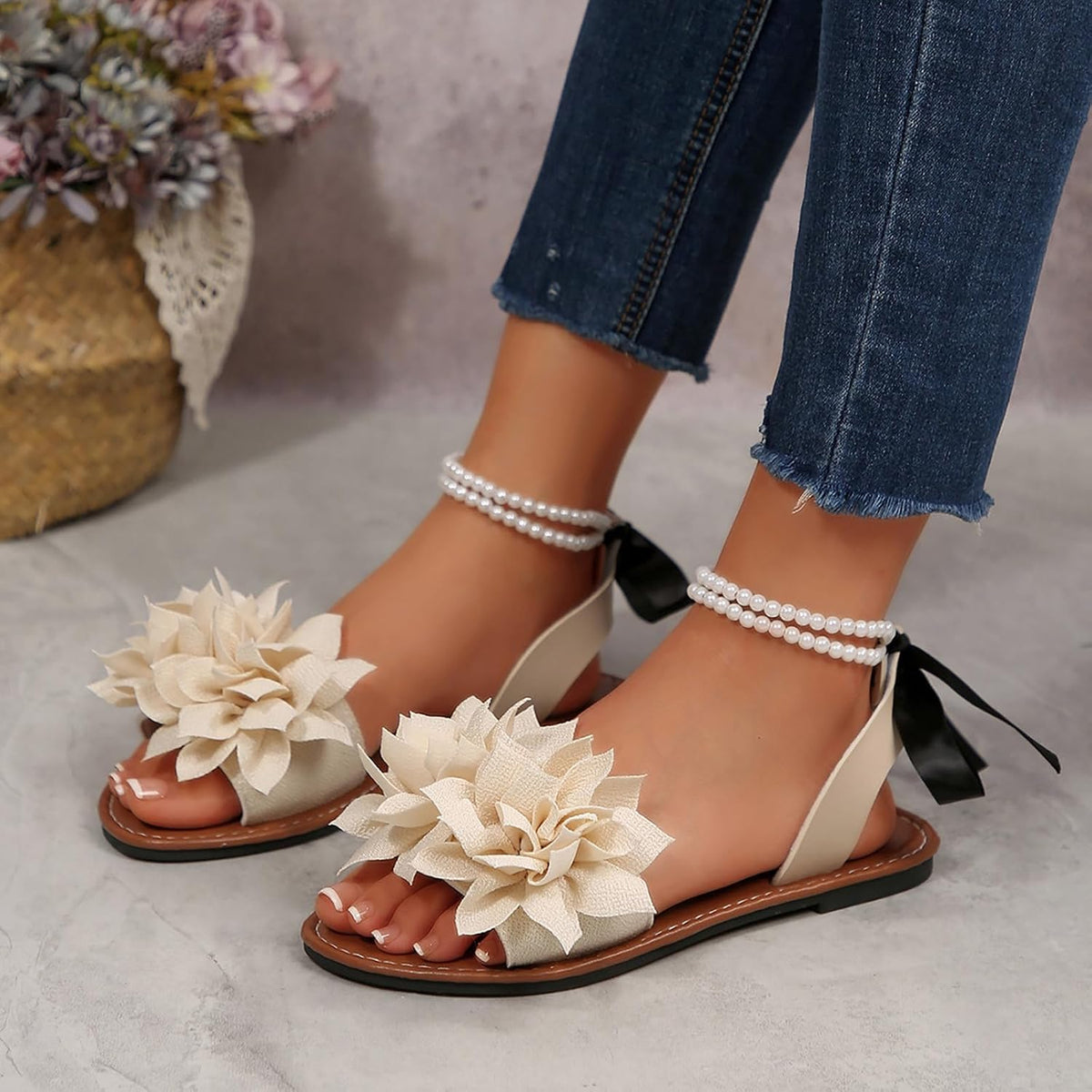 Floral Pearl-Accent Flat Sandals — view 11